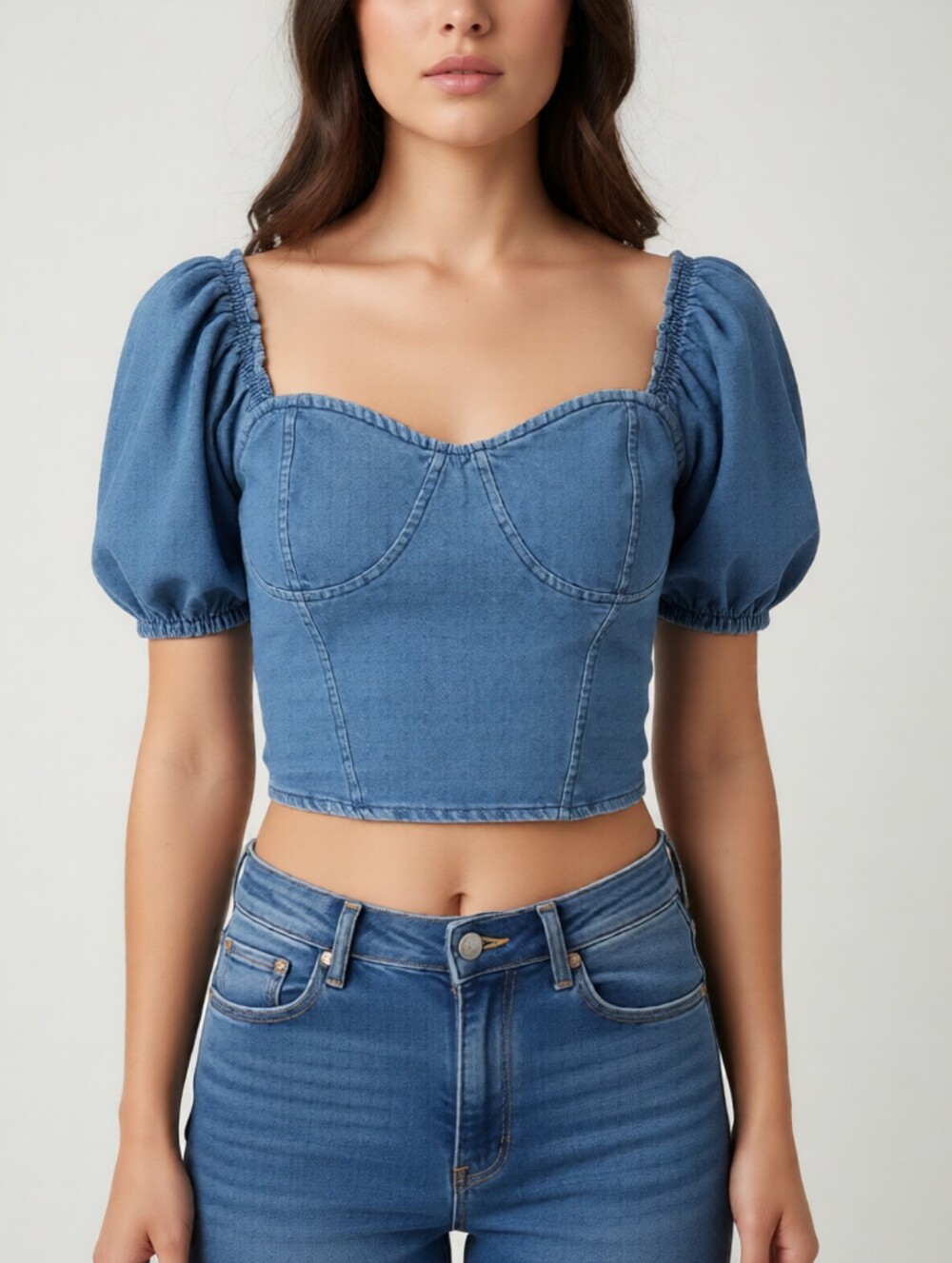 Denim Puff-Sleeve Cropped Sweetheart Top 100% Cotton